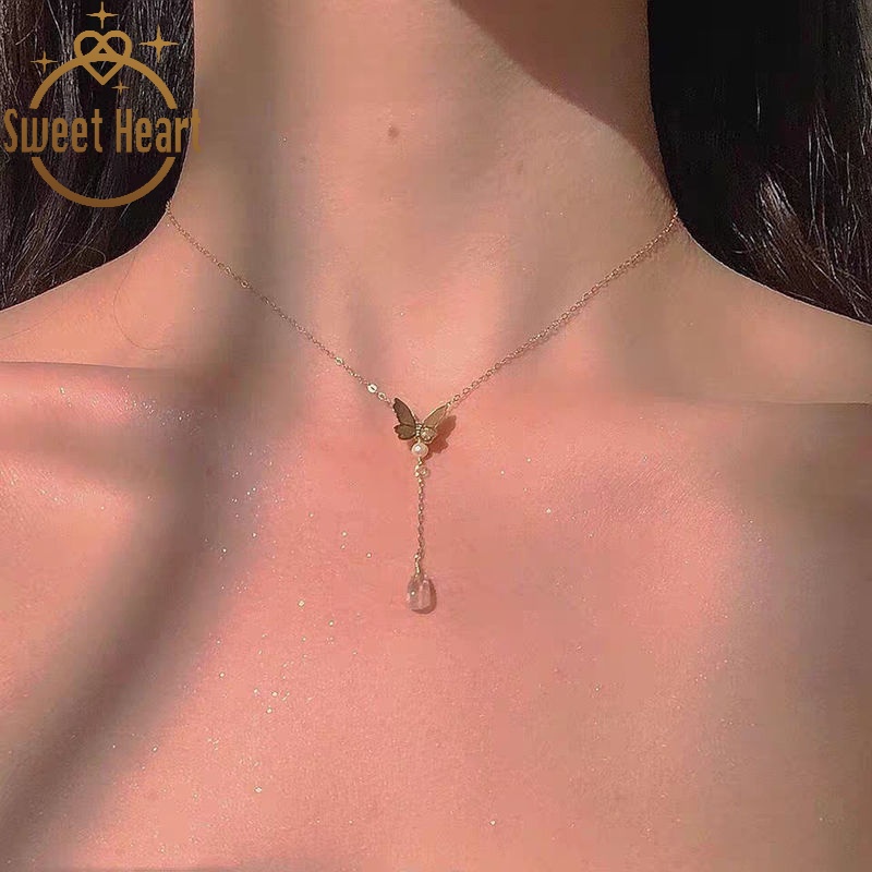 Butterfly Chocker Necklace Fairy Necklace French Retro Korean Version Ins Drop Pendant Light Luxury Niche Clavicle Chain Sweet Heart Jewelry