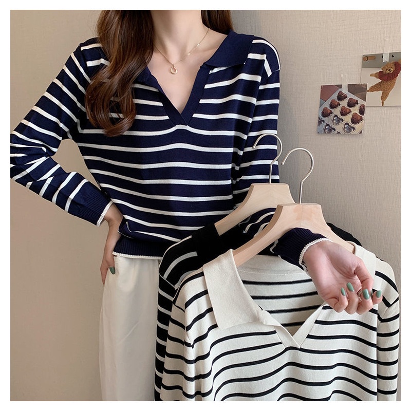 Kaos Rajut Stripe Atasan Wanita Rajut Korean Style Lengan Panjang Wanita Kaos Garis Garis Wanita