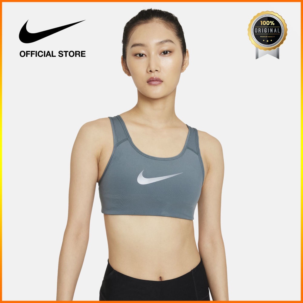 ORIGINAL Nike Bra Olahraga Wanita Dri-Fit Swoosh Icon Clash Non-Padded Strapy Medium-Support - Biru