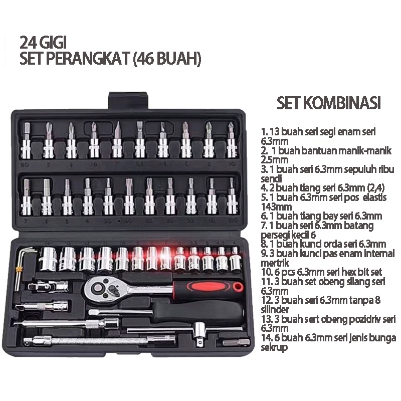Kunci SOK 46 PC Set Socket (1/4) Full Lengkap Socket Tool Kit Pas Ring L Motor Mobil Alat Untuk Memperbaiki-1