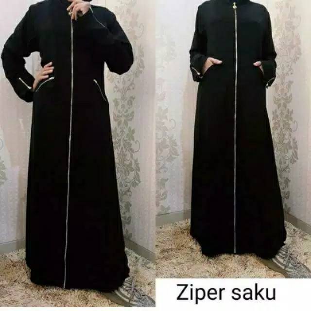 Abaya Gamis Ziper saku Hitam Elegan dan Mewah