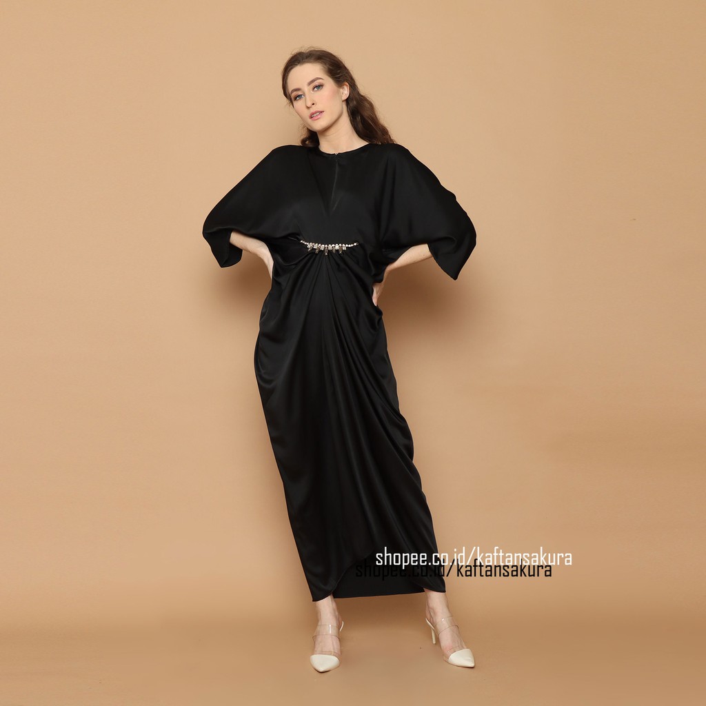 kaftan wanita muslim busui terbaru payet belt elegant warna hitam cantik termurah lebaran