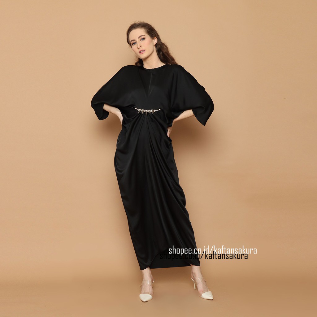 kaftan wanita muslim busui terbaru payet belt elegant warna hitam cantik termurah lebaran 2021