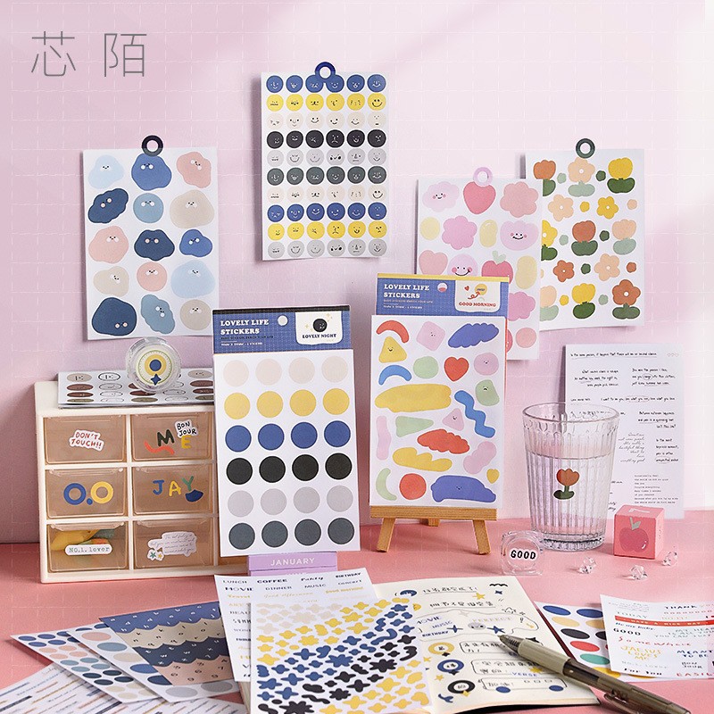

6 lembar Sticker Morandi Lovely Life Bullet Dot Round Text Colorful Dekorasi Journal DIY
