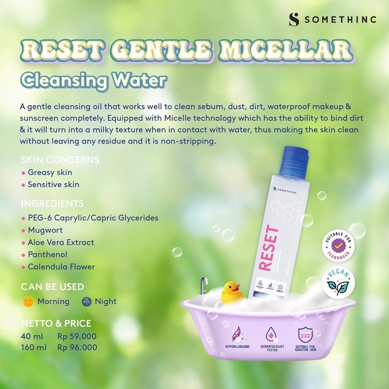 SOMETHINC Reset Gentle Micellar Cleansing Water Indonesia / Facial Wash Essence Mist Toner Serum Ampoule Eye Cream Creme Eye Gel Sunscreen Sleeping Mask Masker Moisturizer Body Cushion Powder Eyebrow Eyeliner Mascara Lipstick Lip Tint Balm Sugar Wax Paket