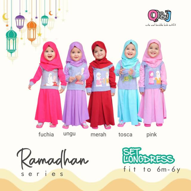 Baju Muslim Gamis Anak Perempuan Set Longdress ori Q&J bahan cotton combed 24S premium 1 - 6 tahun