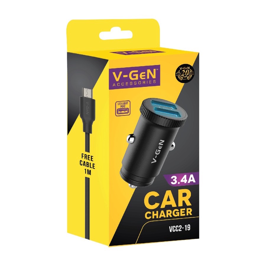 Car Charger V-GeN VCC2-19 3.4A Dual Port USB LED Charger Mobil VGEN ORIGINAL