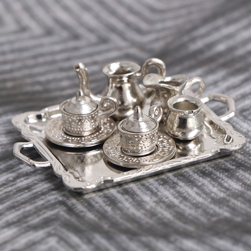 10pcs / set Miniatur Cangkir Teh / Kopi Bahan Metal Warna Silver Skala 1: 12 Untuk Rumah Boneka