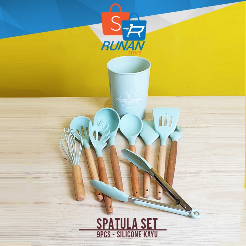 Spatula Kayu Silikon Set 9 Pcs Paket Sutil Alat Masak Lengkap Hijau