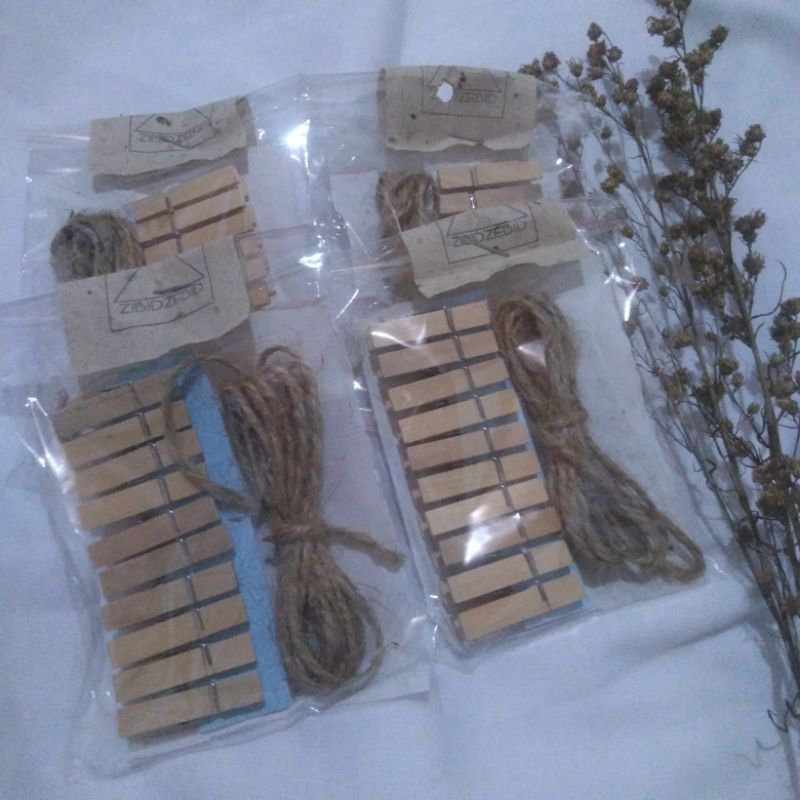 Wooden clip penjepit kayu untuk foto polaroid isi 10 pcs dan tali rami 2 meter