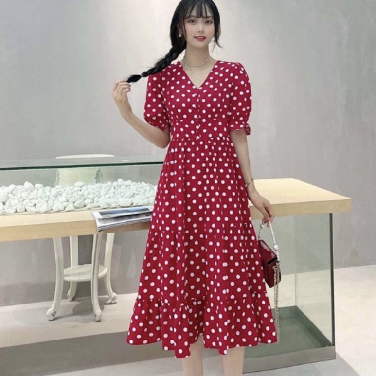 OFFICE STYLE MIDI POLKADOT POLYESTER PREMIUM DRESS KOREAN STYLE KARET