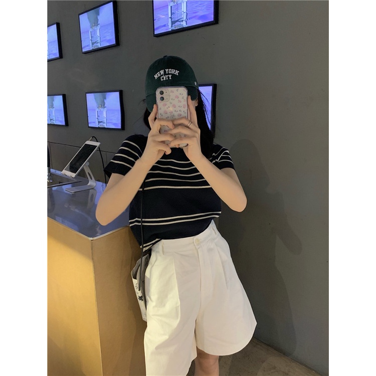 Kaos Lengan Pendek Wanita Import Atasan Rajut Korean Style Knit Crop Top Striped T-shirt