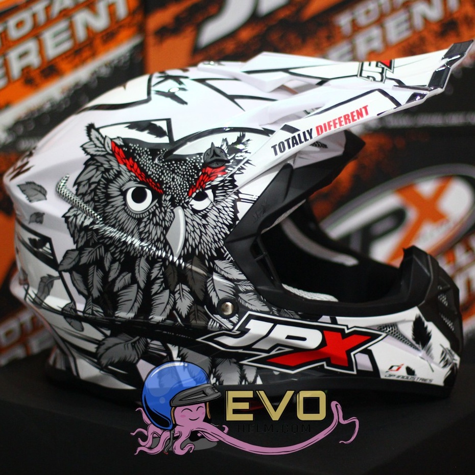 HELM JPX CROSS_FOX1 SERI  X13 - PEARL WHITE GLOSS + GOOGLE SNAIL (ONGKIR 2 KG) JPX X13 WHITE ORIGINAL HELM JPX MOTIF OWL BURUNG HANTU PAKET GANTENG GOOGLE SNAIL JPX HELM TRAIL ADVENTURE KLX X13 BURUNG HANTU HELM JPX TERBARU