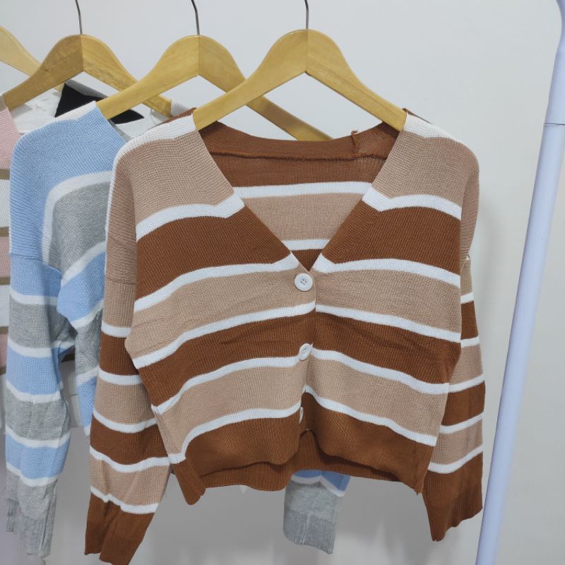 【IMPORT PREMIUM】leher v-neck Stripe Knit Cardigan Lengan Panjang Korean Style Import BKK kardigan oter cewek rajut-Coklat