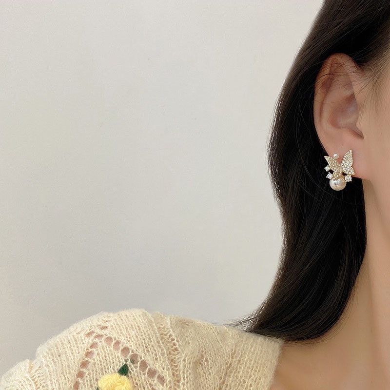 Anting Stud Zircon Desain Kupu-Kupu Bahan S925 Silver Needle Untuk Wanita