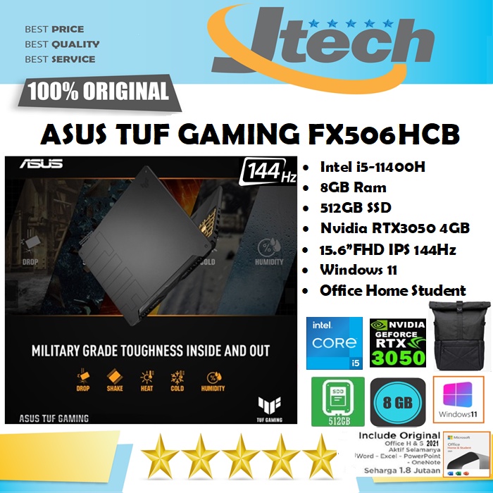 ASUS TUF GAMING F15 FX506HC - i5-11400H - 8GB - 512GSSD - RTX3050 4GB - 15.6&quot;FHD IPS 144Hz - WIN11 - OFFICE HOME STUDENT 2021