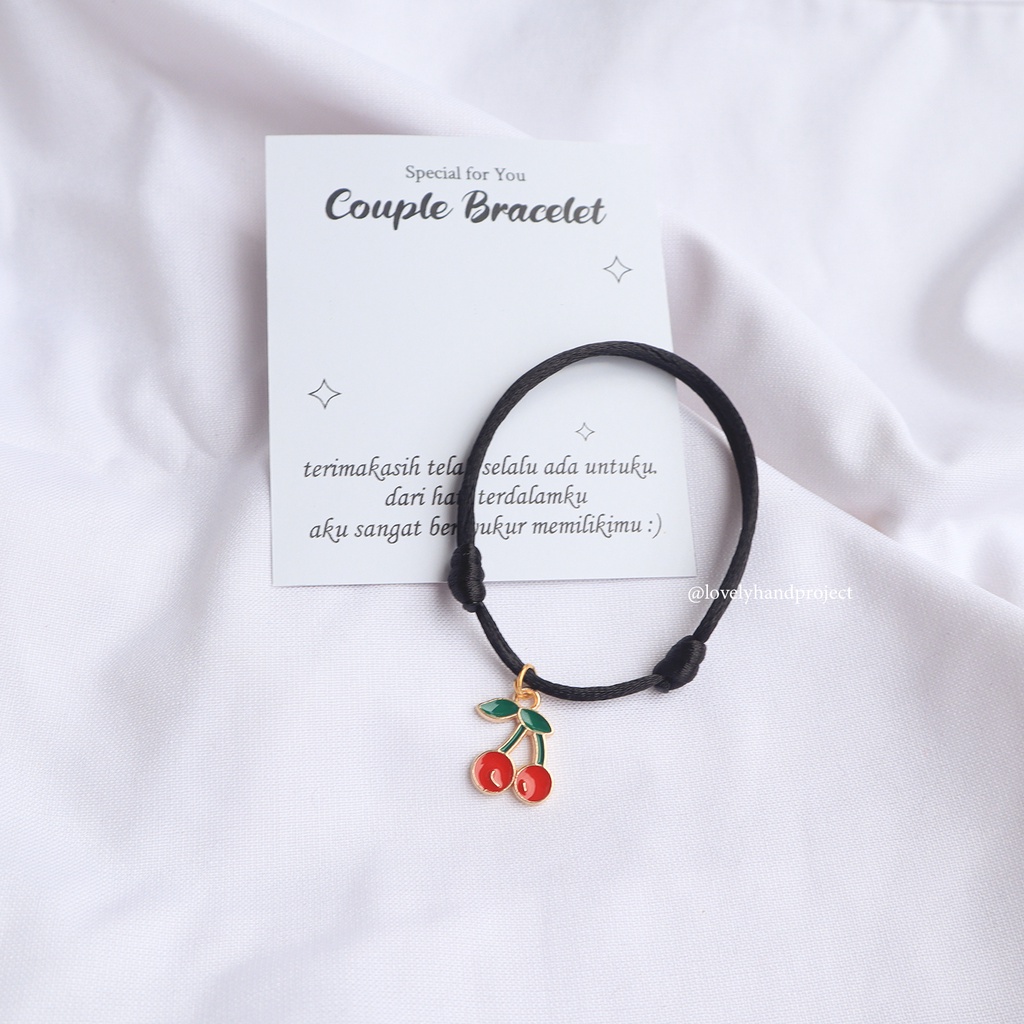 Gelang Couple Cherry &amp; Watermelon Charm Lucu Unik Gratis Kartu Ucapan Bersama Bestie Tali Korea 1,5 mm Waterproof Satin 2mm Lembut Chram Lucu Buah Semangka Kiyowo kawai Manik Cute Lovelyhandproject