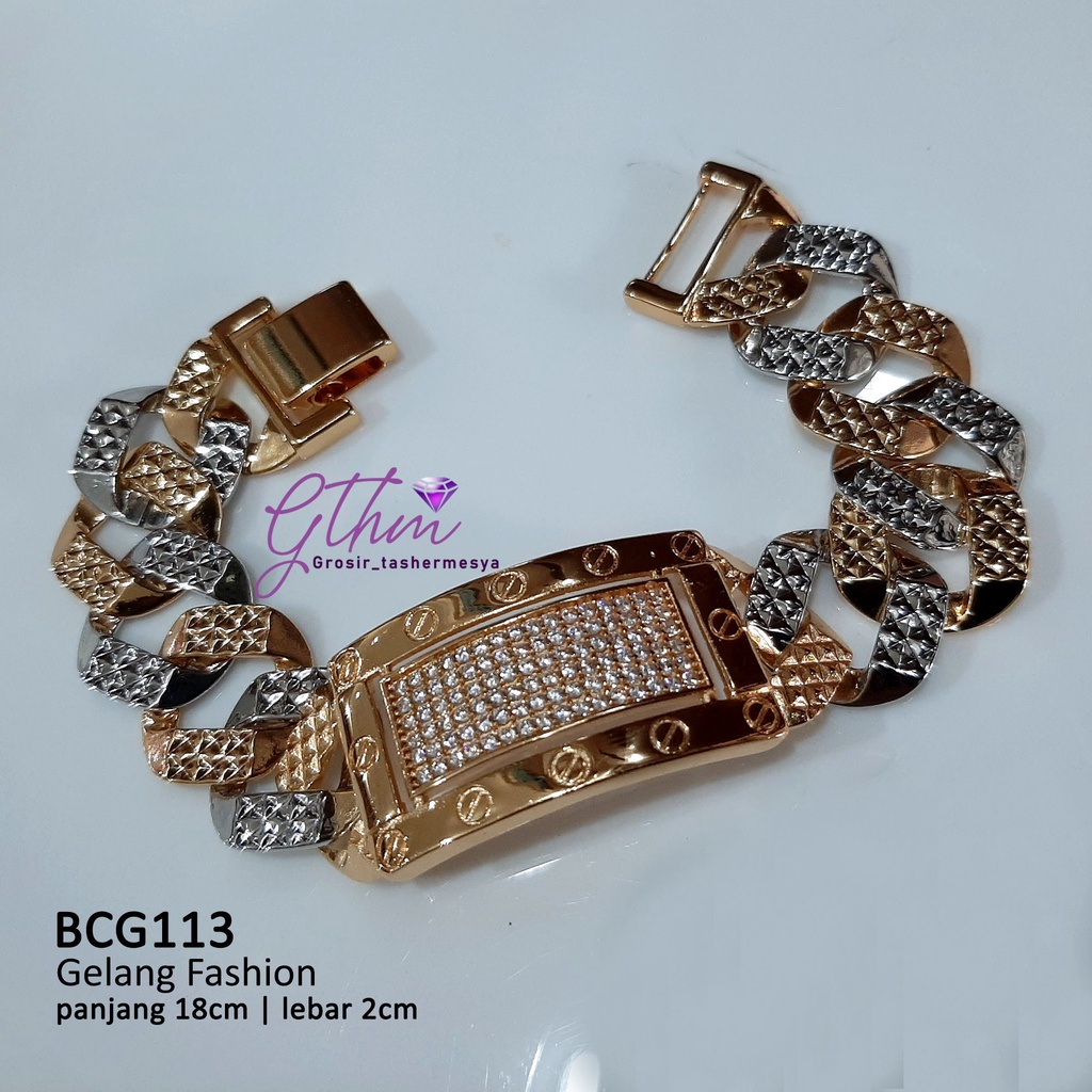 gelang tangan wanita kombinasi plat kotak permata BCG113