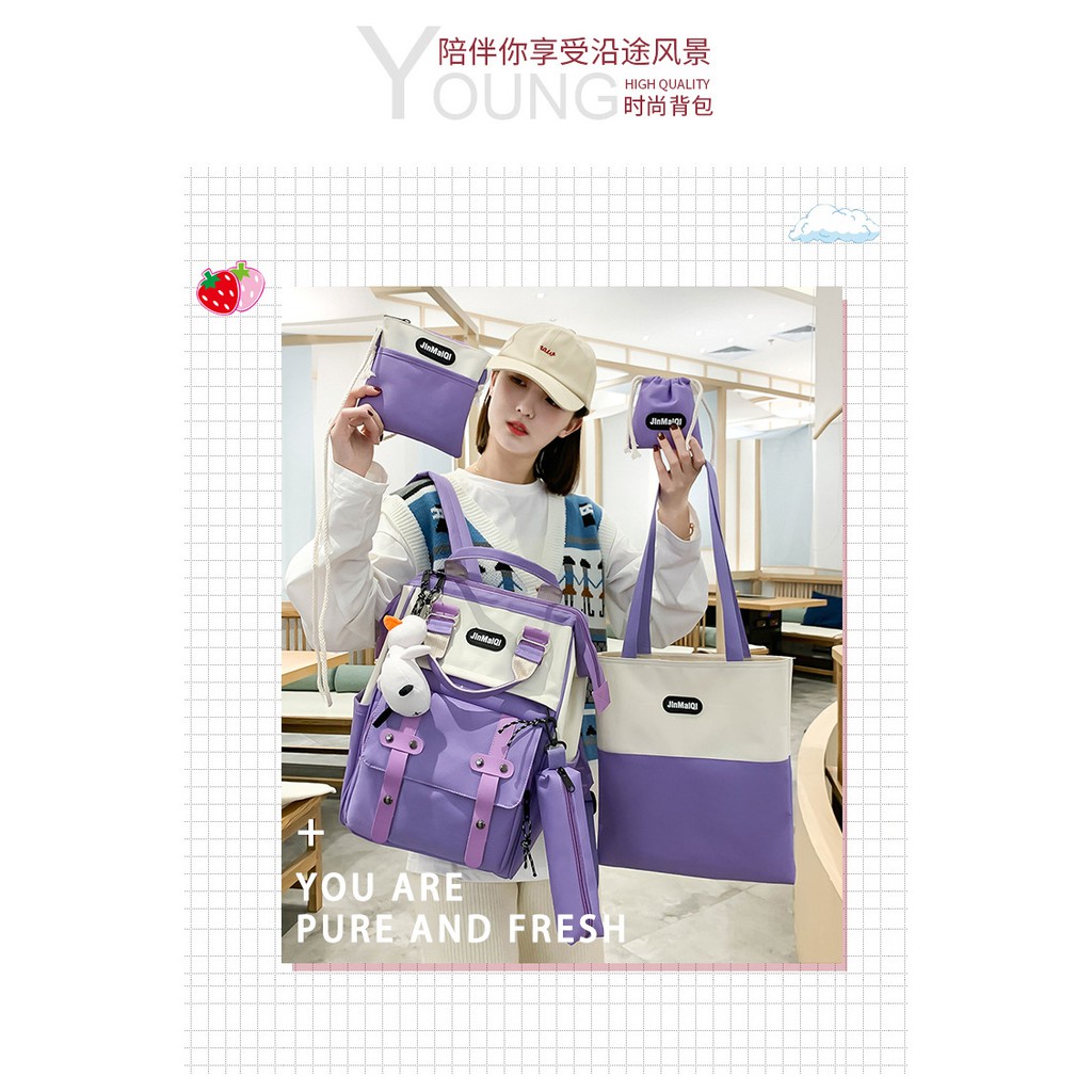 TB-65 set 5 pcs tas wanita ransel sekolah kampus pouch canvas bag import korea jepang