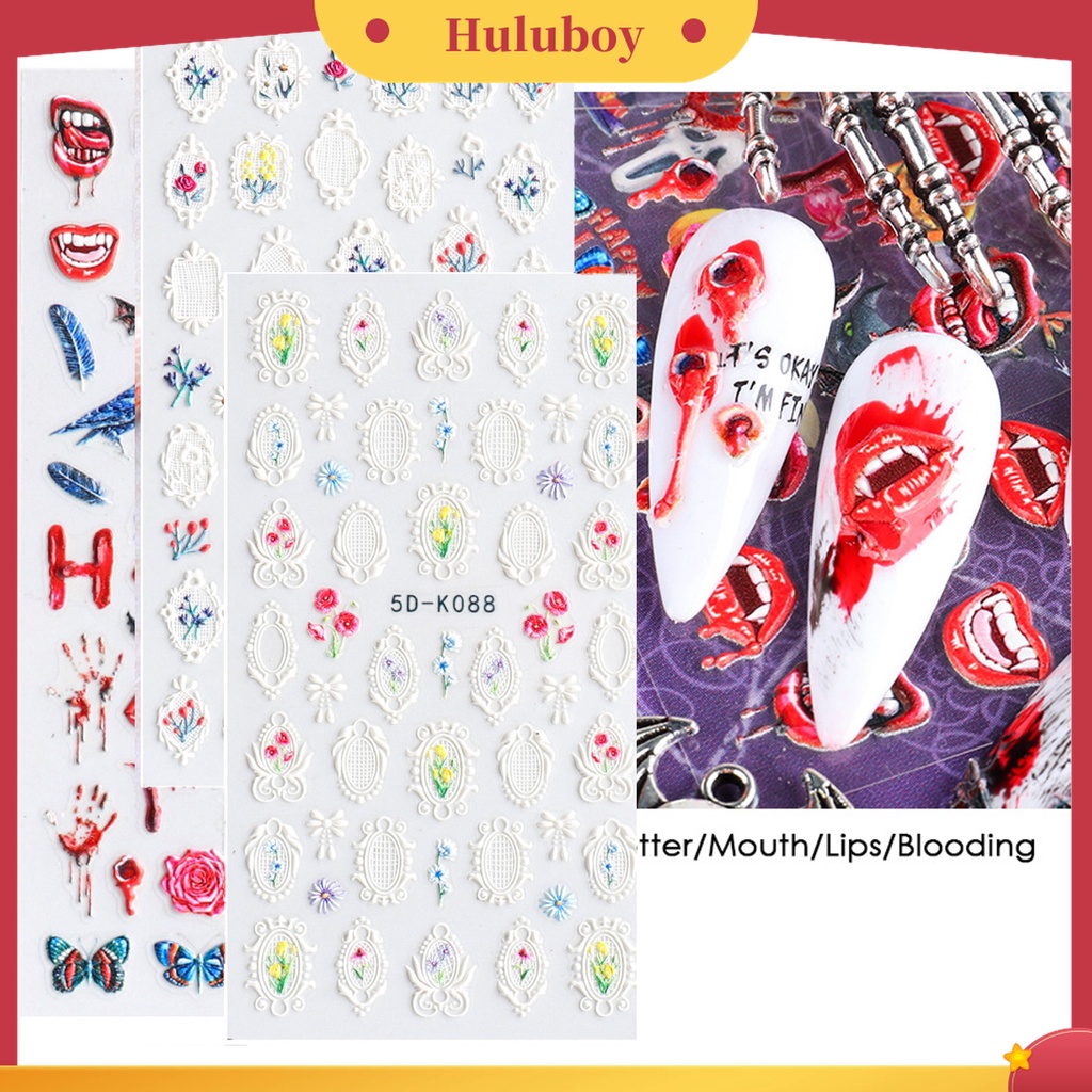 Huluboy Huluboy♡ Stiker Kuku Motif Ukir Luka Bibir Darah 5D Gaya Halloween Untuk Manicure Wanita