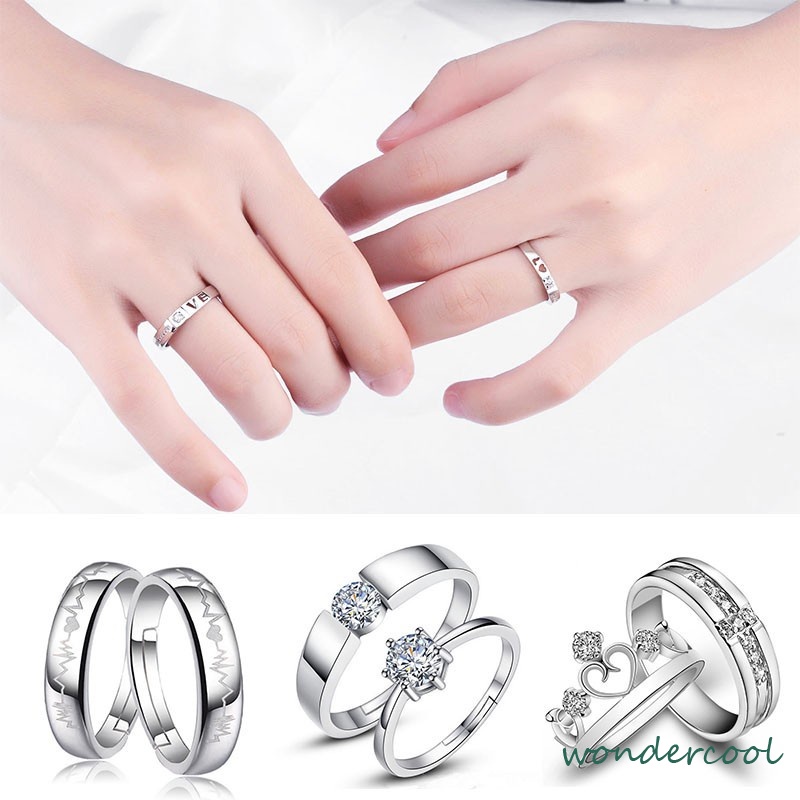 925 Silver Cincin Pasangan Berlian Mode Wanita Perhiasan Cincin Couple Rings-Won