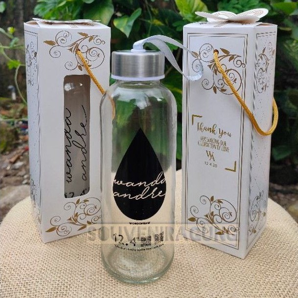 Souvenir botol tumbler kaca + custom + kemas box + souvenir pernikahan