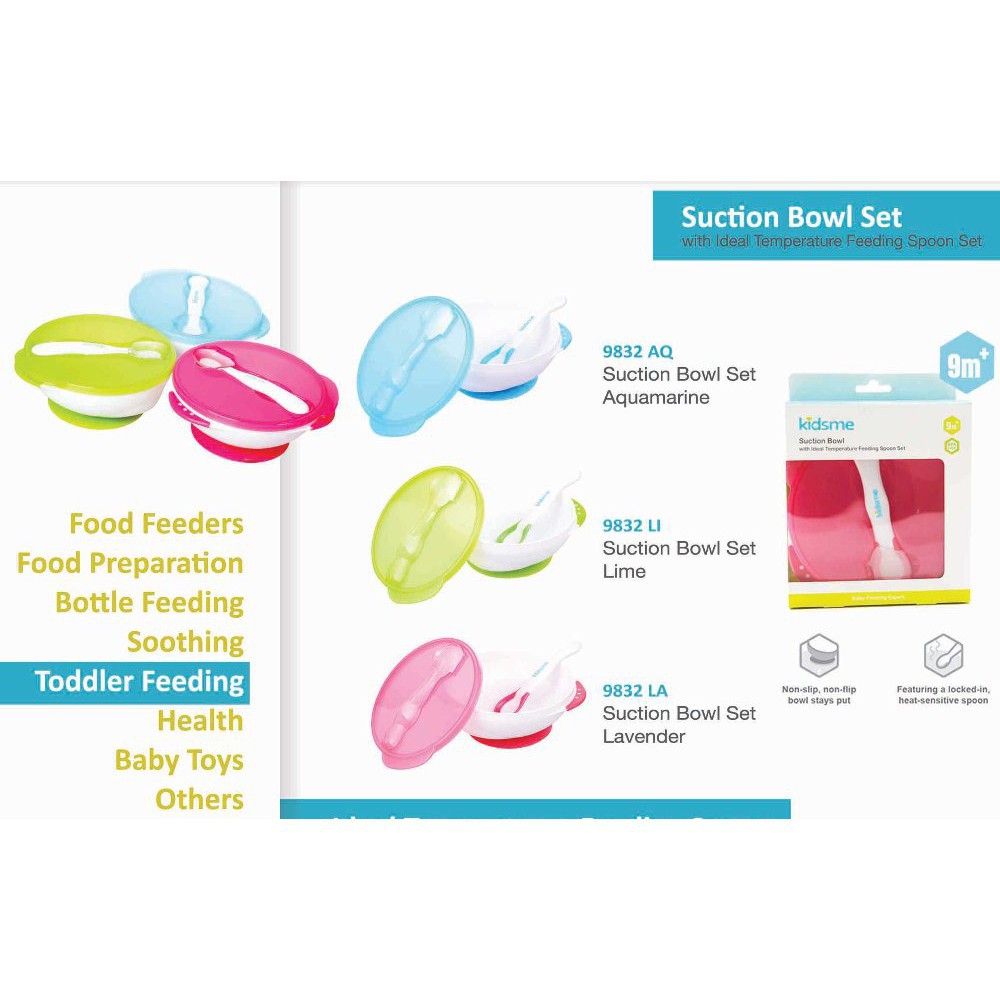 Kidsme Suction Bowl With Ideal Temperature Feeding Spoon / Mangkok dan sendok Hijau Pink Biru 9832