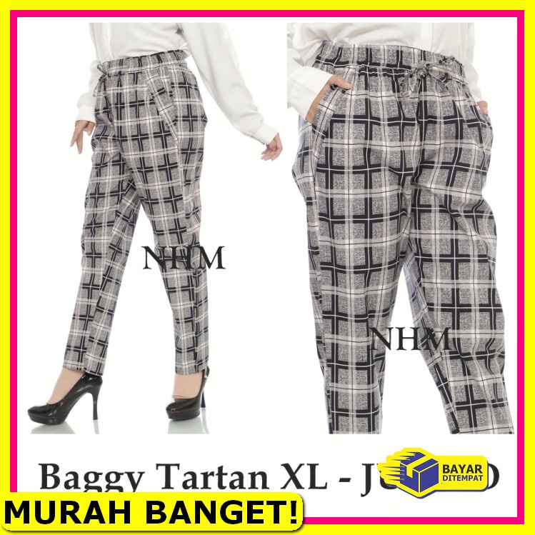 Celana Kerja Wanita Pinggang Karet Highwaist Ada Jumbo HV427 Nhm Tartan Pants Jumbo - Celana Panjang