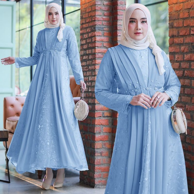 BAJU GAMIS DRESS REMAJA DEWASA UMROH NAIK HAJI PESTA NIKAH KONDANGAN SERAGAMAN BRIDESMAID  FULL BROKAT BRUKAT TERBARU IMPORT LAYER DEPAN TILE PREMIUM UKURAN S M L XL XXL JUMBO WANITA MUSLIM MAXI MAXY MASYA WARNA BIRU BLUE MUDA OCEAN LAUT LANGIT SKY