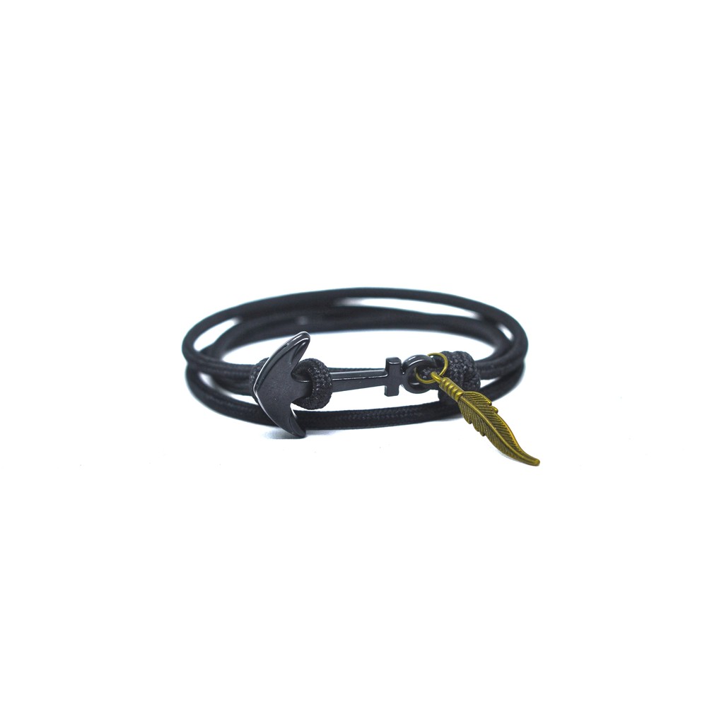 Gelang Pria Hitam Keren Jangkar Paracord Liontin Charm Sayap Premium