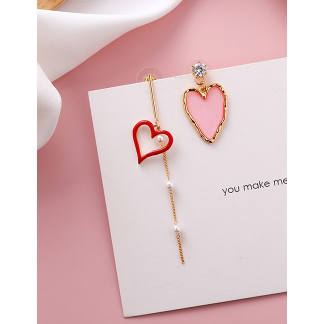 LRC Anting Tusuk Fashion 925 Silver Needle Asymmetric Pearl Fringe Heart-shaped Earrings F69733