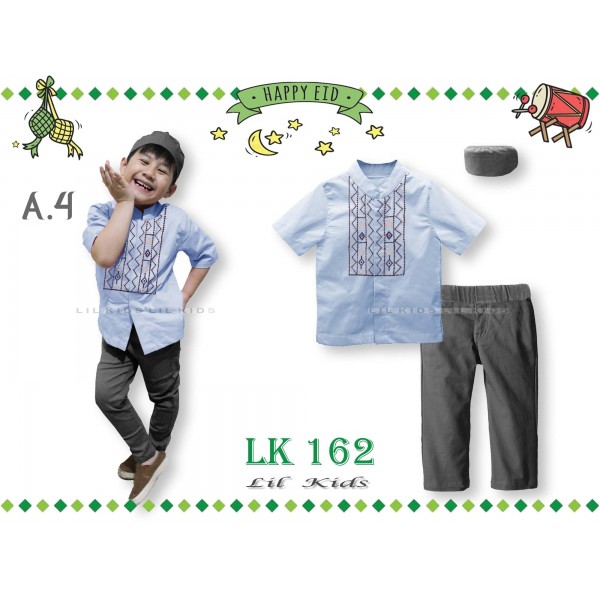 IMPORT LK 162 A4 Baju Koko Muslim Anak Biru Muda Denim Peci Kopiah Celana Panjang India Pakistan