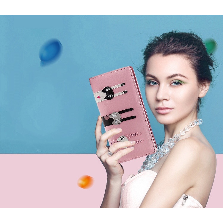 DOMPET PANJANG WANITA KULIT PREMIUM KUCING LUCU PINK CLOSIA WA433P3 BRANDED PREMIUM IMPORT KOREA RESLETING SLOT KARTU UANG BESAR CEWEK MURAH BATAM REMAJA KEKINIAN