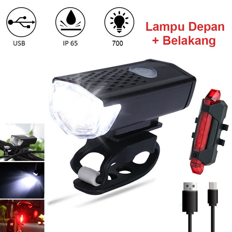 Lampu Depan + Belakang Sepeda 300 Lumens Dengan Usb Rechargeable