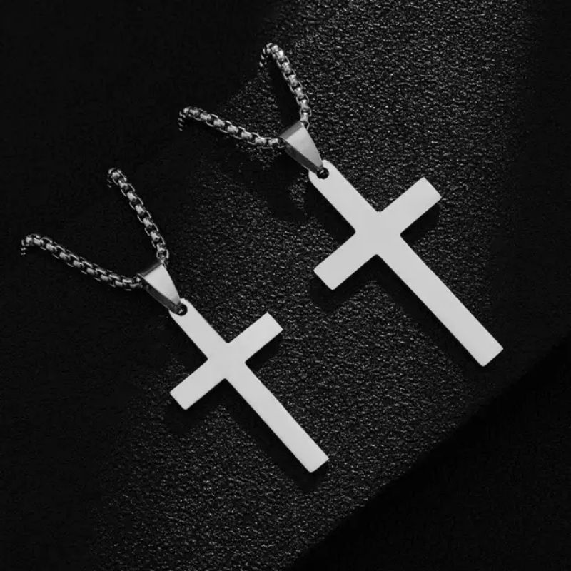 kalung titanium lionti salib polos silver rantai bulat wanita pria terbaru hight quality