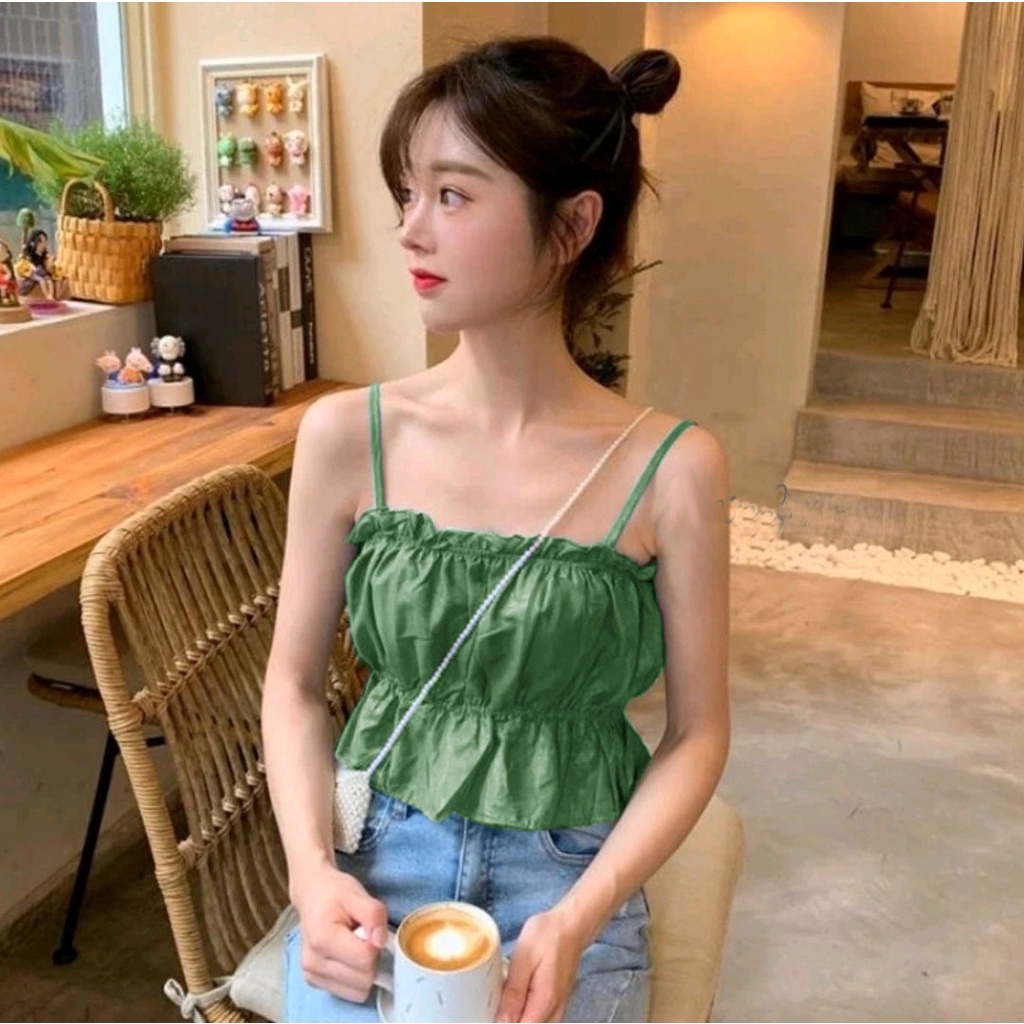 Tanktop Tali Kecil Kerut Tengah Polos Bahan Adem  / Tanktop Korea 877