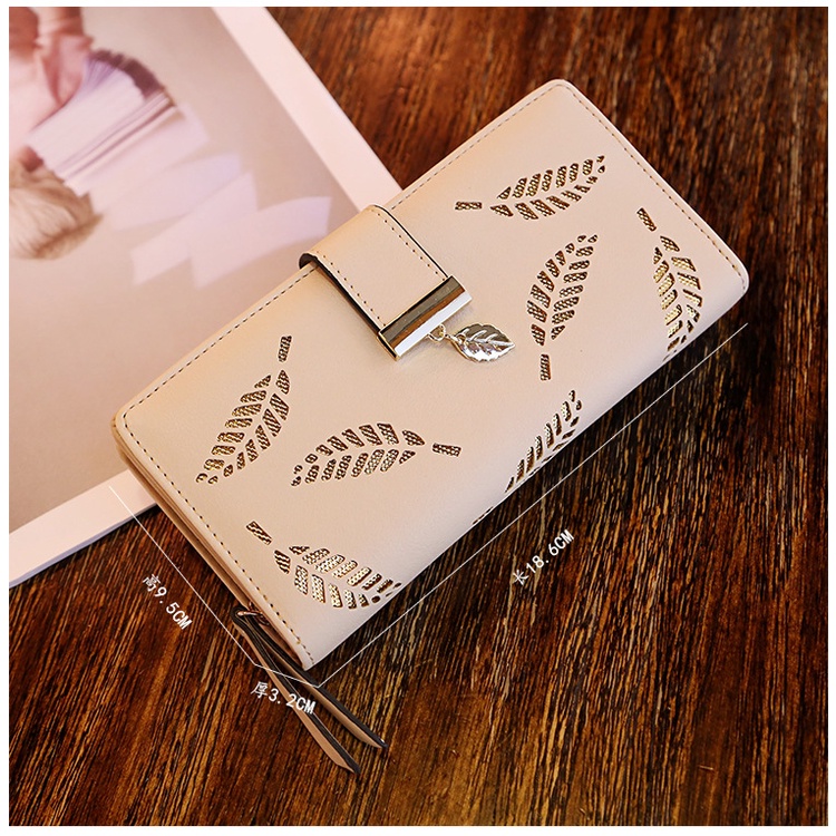 Dompet Panjang Wanita Motif Daun Emas 3D Hollow exclusive Unik Dompet Wanita Model Panjang model korea jepang viral exclusive Women Wallet PU Leather Purse Female Long Wallet Gold Hollow Leaves Pouch Handbag For Women Coin Purse Card Holders Clutch