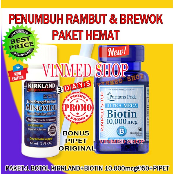 Kirkland Minoxidil 5%+Biotin 10.000mcg @50caps+Bonus Pipet ORI