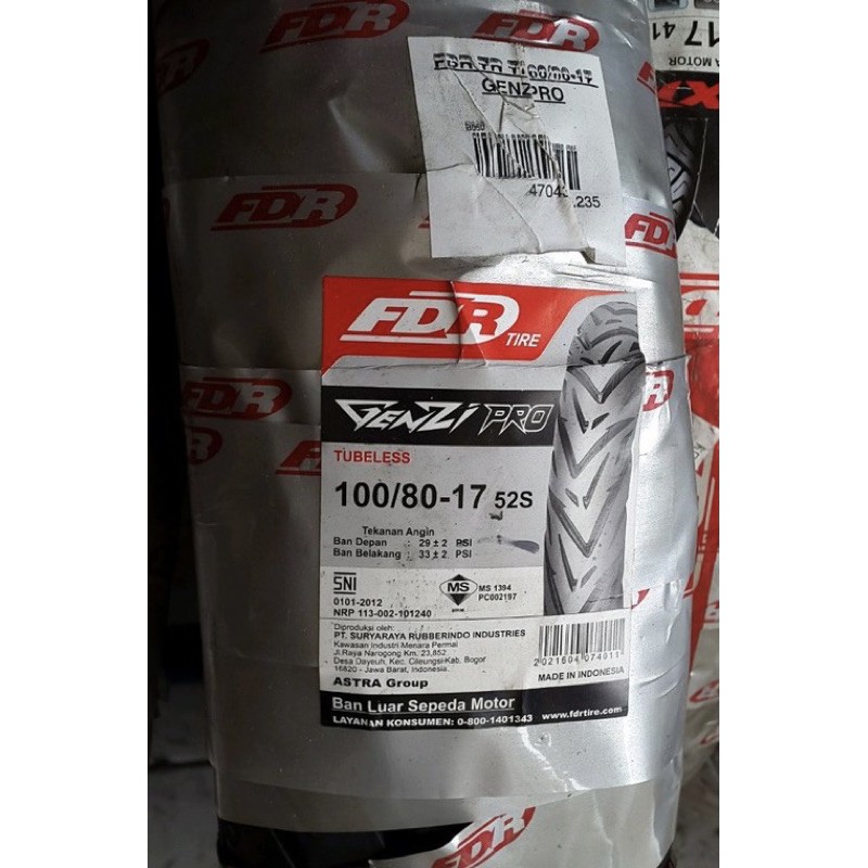 Ban Motor FDR Genzi Pro 100/80 Ring 17, Tubeless