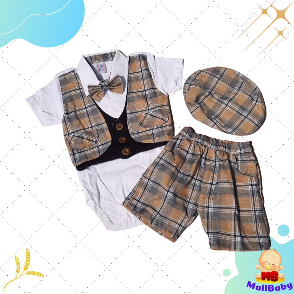 Setelan Jumper Bayi Dasi Laki Laki Baju Bayi Rompi Dasi Tuxedo Set Topi Oliver