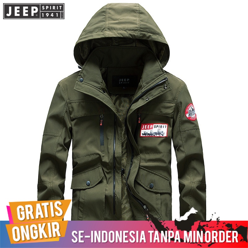 Jaket Parka Pria Import Original Jeep Spirit Patch Saku Kasual Warna Solid Mos Semua Hoodie Berkerud