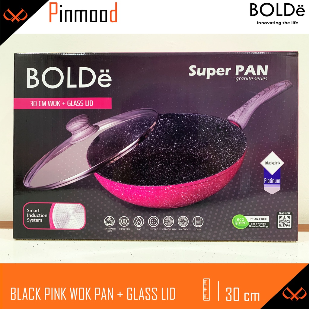 BOLDE BLACK PINK 30 CM WOK PAN + GLASS LID / TUTUP KACA SUPER PAN COATING GRANITE PANCI PENGGORENGAN WAJAN ANTI LENGKET