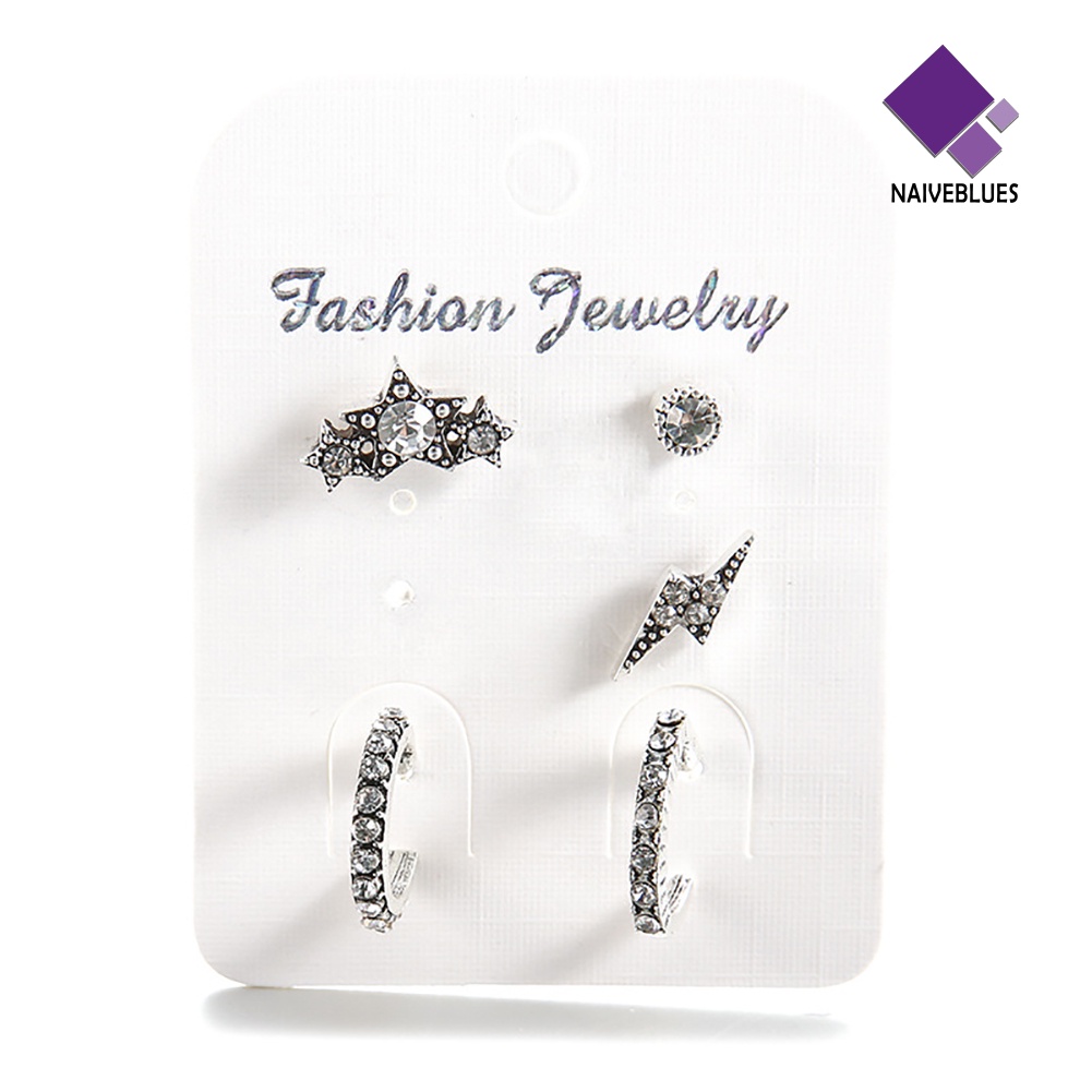Naiveblue 5pcs / Set Anting Tusuk Bentuk Bintang Aksen Berlian Imitasi Untuk Perhiasan Wanita