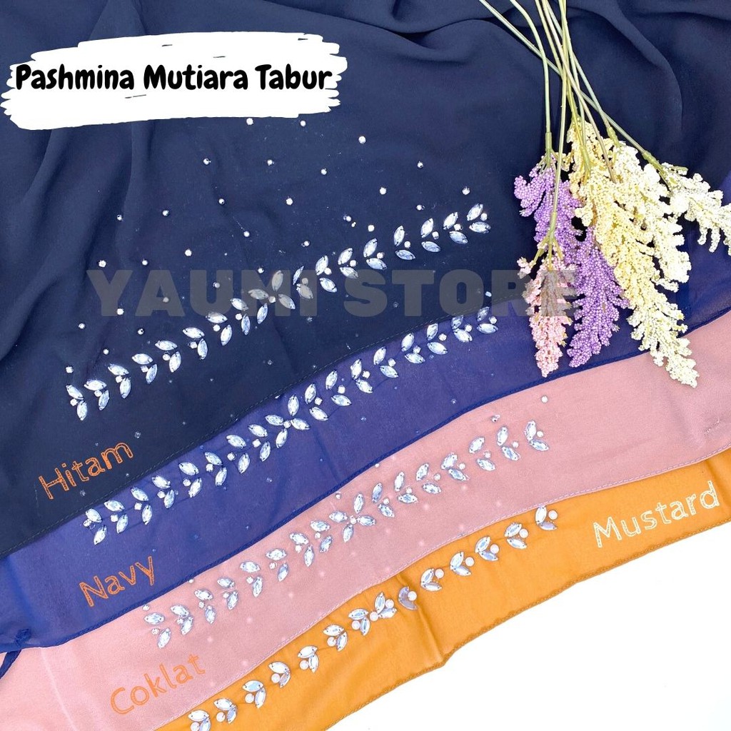 Jilbab Pasmina Tali Payet Mutiara Tabur  75 x 180 CM