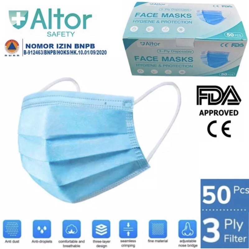 Masker medis earloop/3-ply disposable 50 pcs merek altor