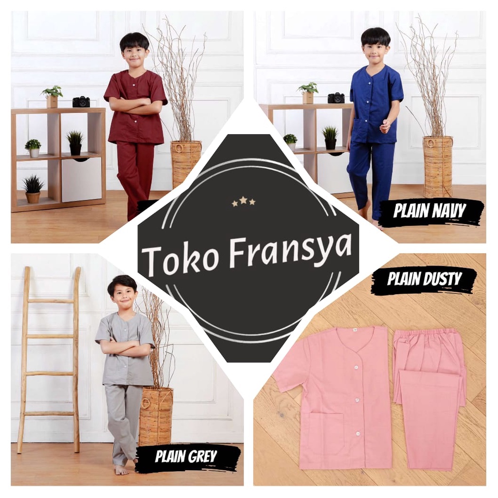 BAJU TIDUR ANAK POLOS BAHAN KATUN, 1-15 TAHUN,  WARNA DUSTY, GREY, NAVY, WINE, PIYAMA ANAK
