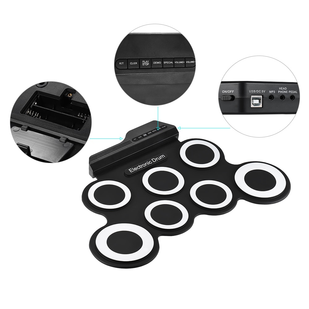 Drum Pad Digital USB Murah / Electronic Digital Drum Kit 7 Pads Roll Up USB Power - HIjau