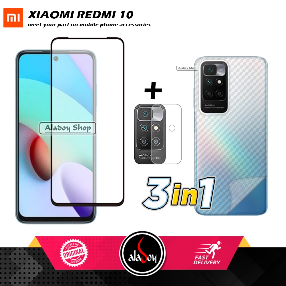 PAKET 3 IN 1 Tempered Glass Layar Xiaomi Redmi 10  (2021) Free Tempered Glass Camera dan Skin Carbon