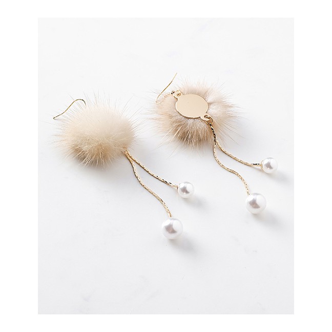 LRC Anting Gantung Fashion Pink Big And Small Pearl Tassel Hair Ball Earrings D59699