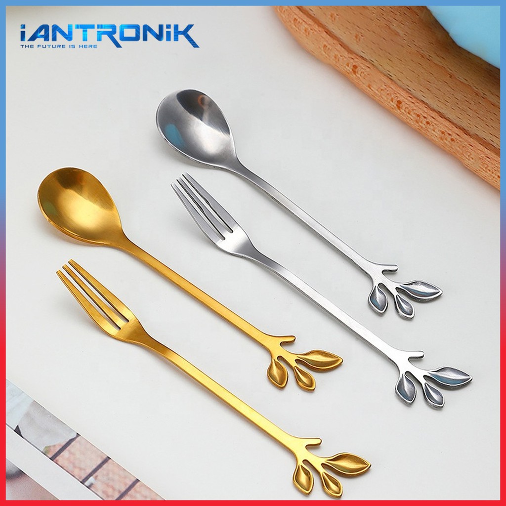 KIYOTE Dessert Spoon - Sendok Garpu Emas Creative Motif Daun Stainless